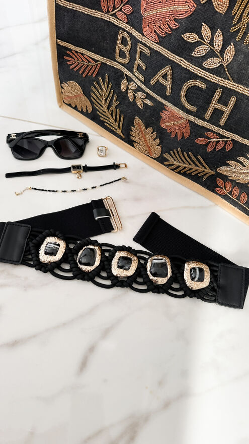 Ekskluzywny elastyczny PASEK złote elementy z kamieniami CZARNY - P661A