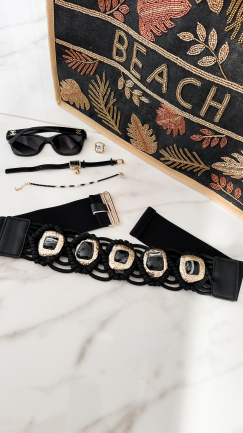 Ekskluzywny elastyczny PASEK złote elementy z kamieniami CZARNY - P661A