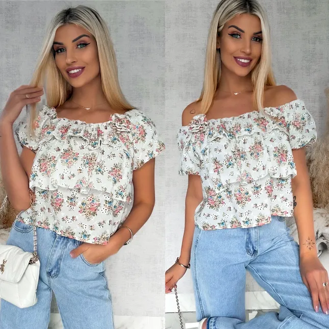 Bawełniana bluzka hiszpanka w kwiaty z broszką ONE SIZE - R854