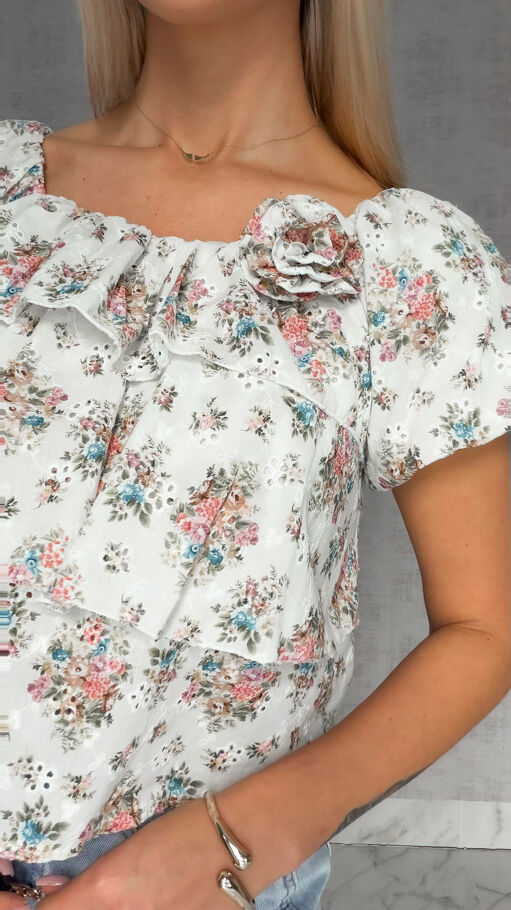 Bawełniana bluzka hiszpanka w kwiaty z broszką ONE SIZE - R854