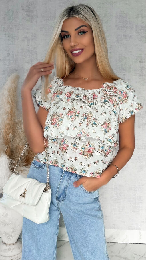Bawełniana bluzka hiszpanka w kwiaty z broszką ONE SIZE - R854