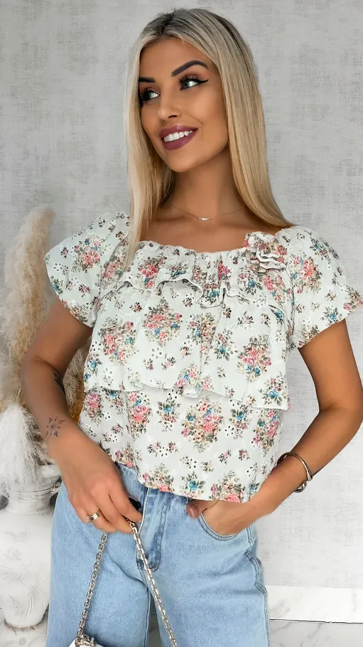 Bawełniana bluzka hiszpanka w kwiaty z broszką ONE SIZE - R854