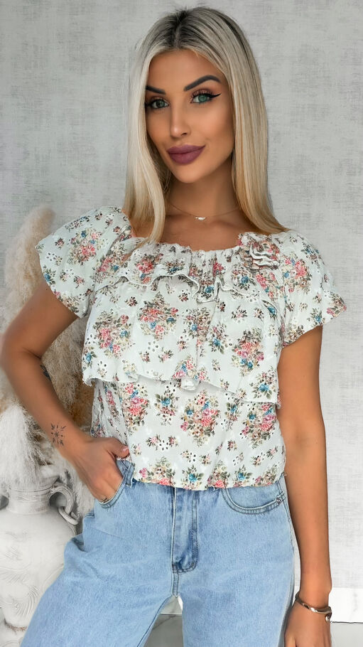 Bawełniana bluzka hiszpanka w kwiaty z broszką ONE SIZE - R854
