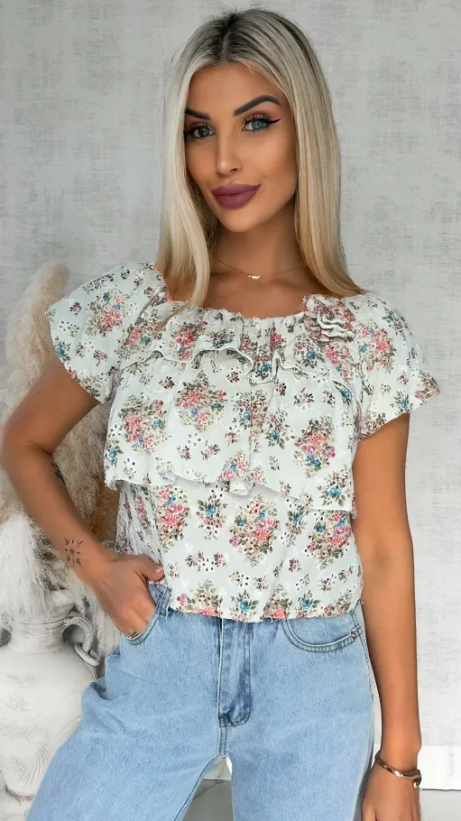 Bawełniana bluzka hiszpanka w kwiaty z broszką ONE SIZE - R854