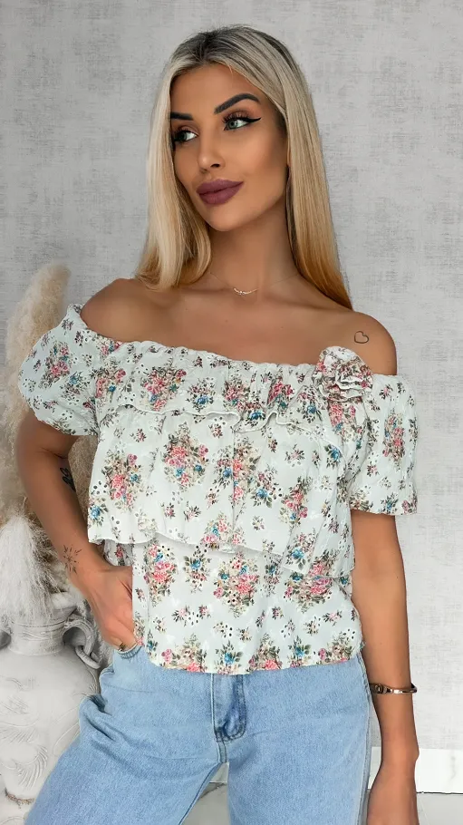 Bawełniana bluzka hiszpanka w kwiaty z broszką ONE SIZE - R854