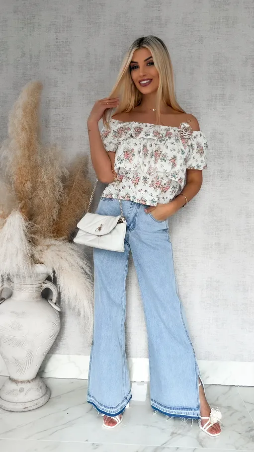 Bawełniana bluzka hiszpanka w kwiaty z broszką ONE SIZE - R854