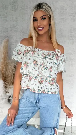 Bawełniana bluzka hiszpanka w kwiaty z broszką ONE SIZE - R854