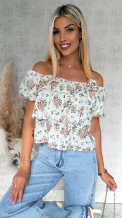 Bawełniana bluzka hiszpanka w kwiaty z broszką ONE SIZE - R854