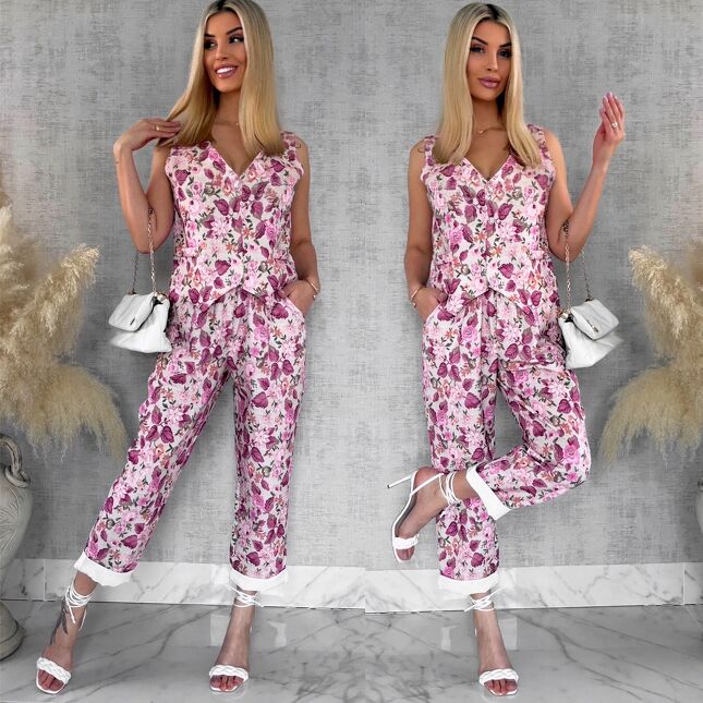 Komplet z kwiatowym printem PINK kamizelka + spodnie ONE SIZE - R904A