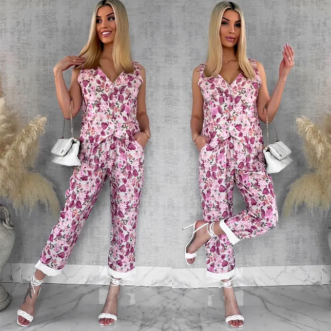 Komplet z kwiatowym printem PINK kamizelka + spodnie ONE SIZE - R904A