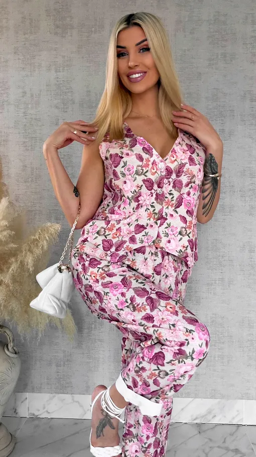 Komplet z kwiatowym printem PINK kamizelka + spodnie ONE SIZE - R904A