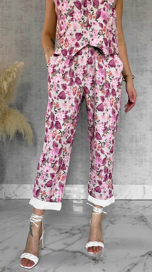 Komplet z kwiatowym printem PINK kamizelka + spodnie ONE SIZE - R904A