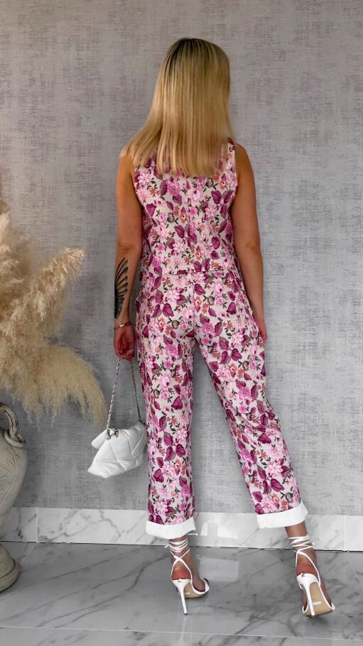 Komplet z kwiatowym printem PINK kamizelka + spodnie ONE SIZE - R904A