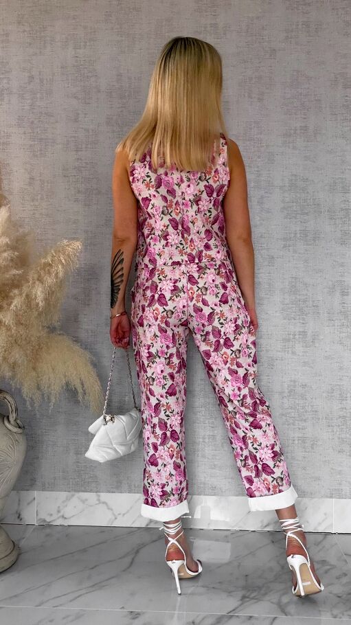 Komplet z kwiatowym printem PINK kamizelka + spodnie ONE SIZE - R904A