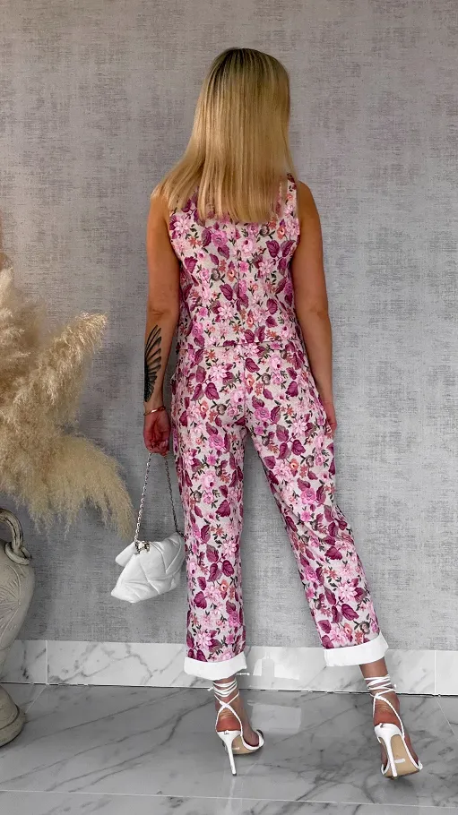 Komplet z kwiatowym printem PINK kamizelka + spodnie ONE SIZE - R904A