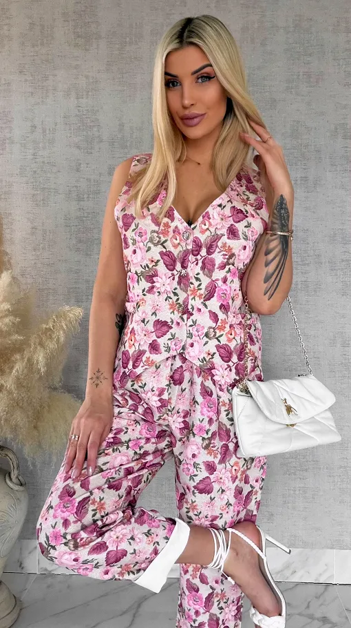 Komplet z kwiatowym printem PINK kamizelka + spodnie ONE SIZE - R904A