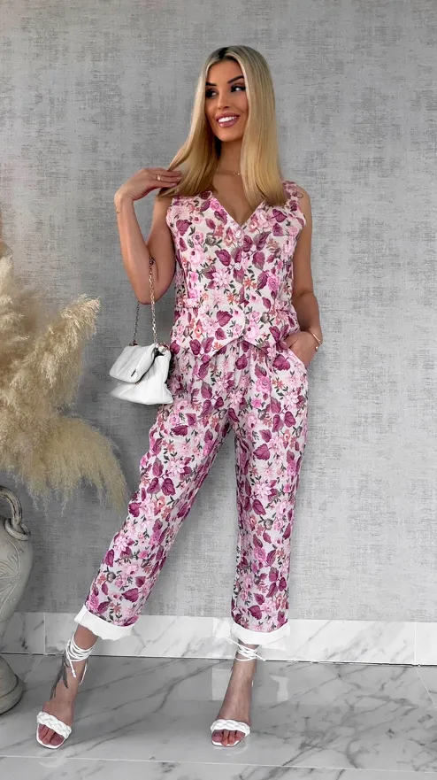Komplet z kwiatowym printem PINK kamizelka + spodnie ONE SIZE - R904A