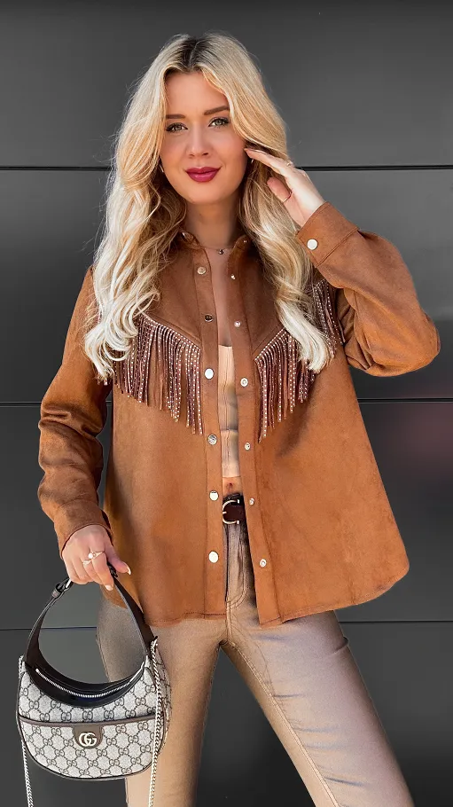 Modna zamszowa koszula z frędzlami w kolorze toffi ONE SIZE - R087