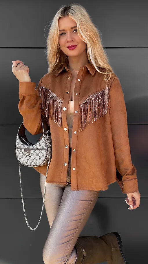 Modna zamszowa koszula z frędzlami w kolorze toffi ONE SIZE - R087