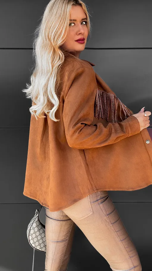 Modna zamszowa koszula z frędzlami w kolorze toffi ONE SIZE - R087