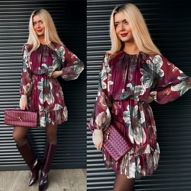 Elegancka bordowa sukienka w kwiaty ONE SIZE - R180A