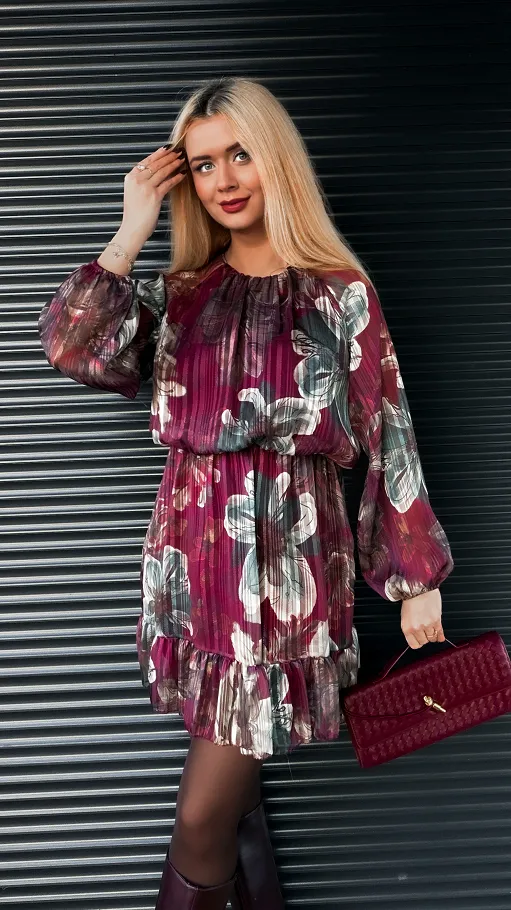 Elegancka bordowa sukienka w kwiaty ONE SIZE - R180A