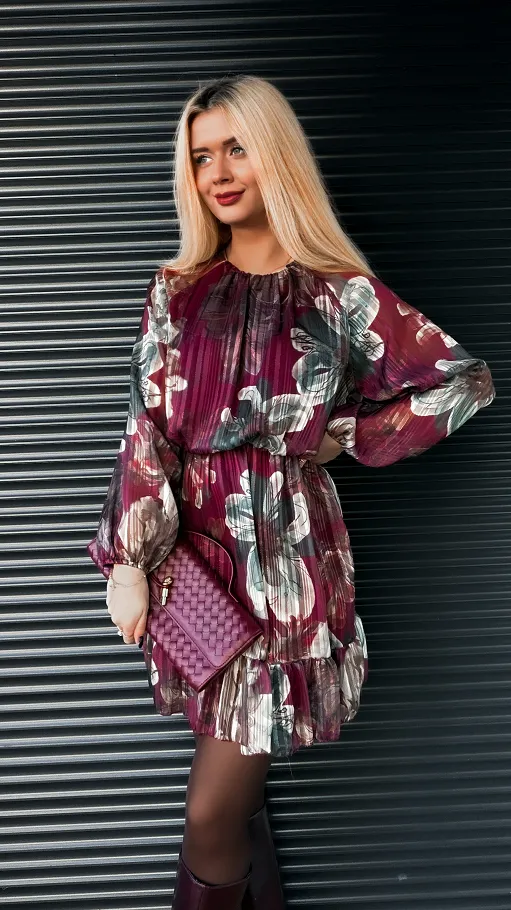 Elegancka bordowa sukienka w kwiaty ONE SIZE - R180A