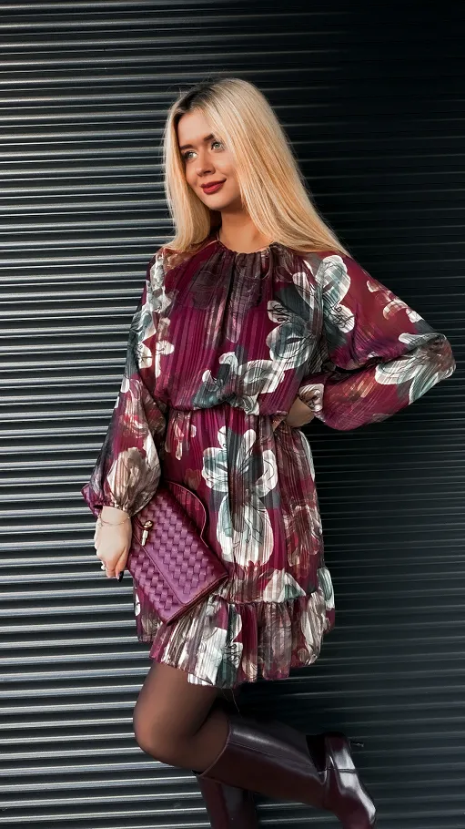 Elegancka bordowa sukienka w kwiaty ONE SIZE - R180A