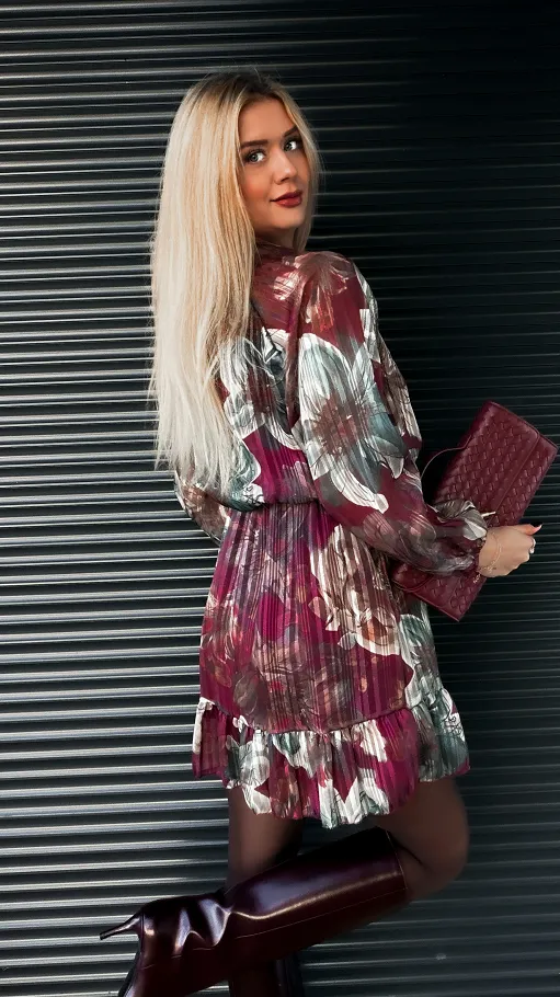 Elegancka bordowa sukienka w kwiaty ONE SIZE - R180A