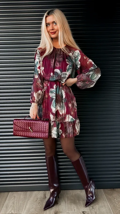 Elegancka bordowa sukienka w kwiaty ONE SIZE - R180A