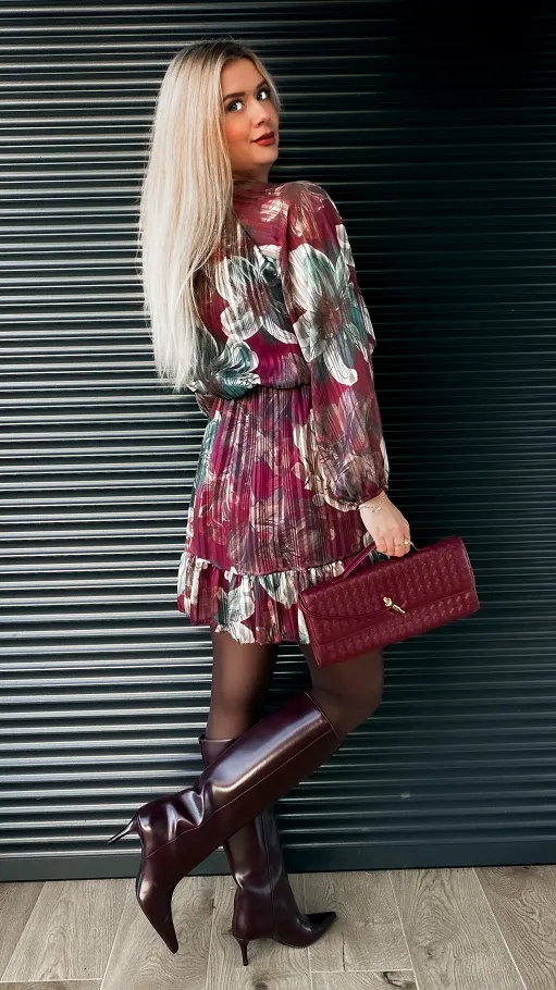 Elegancka bordowa sukienka w kwiaty ONE SIZE - R180A