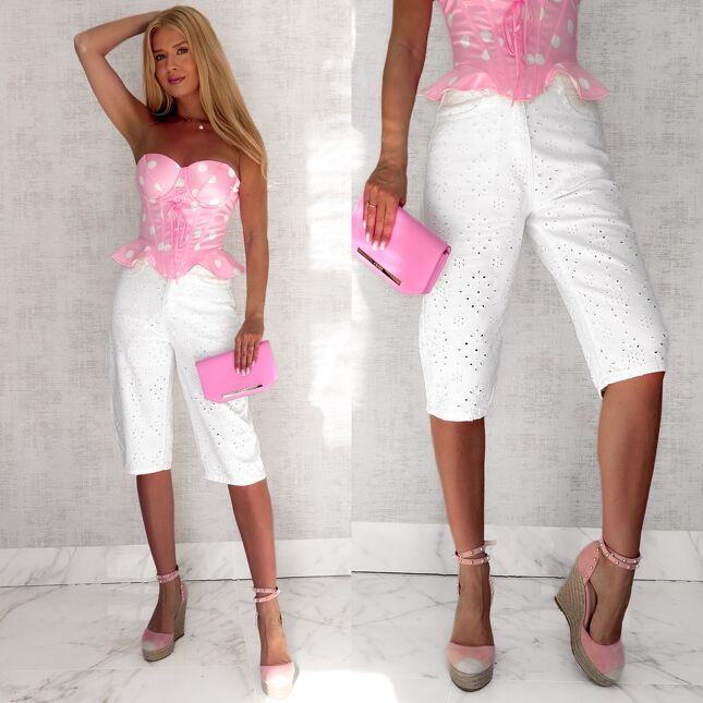 Jeansowe ażurowe bermudy WHITE JEANS haftowane - S189