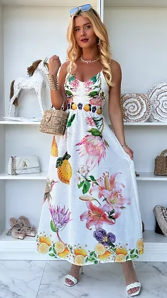 Letnia lniana maxi sukienka w kolorowe kwiaty ONE SIZE - P846