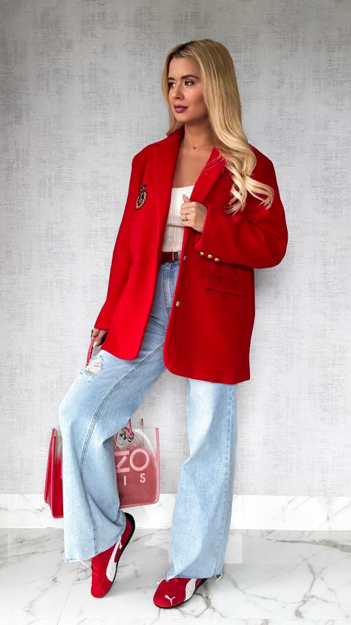 Marynarkowy ciepły płaszcz czerwony OVERSIZE - P359A