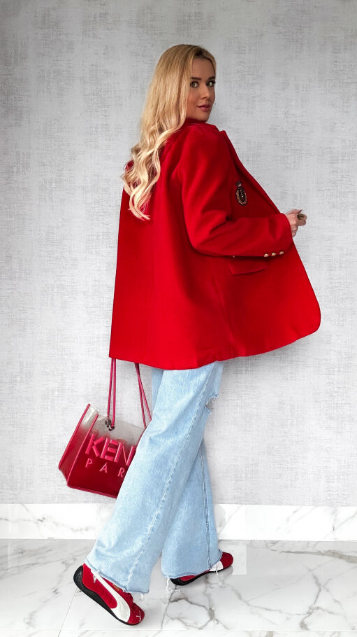 Marynarkowy ciepły płaszcz czerwony OVERSIZE - P359A