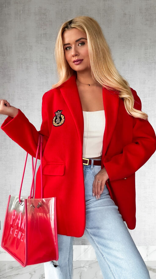 Marynarkowy ciepły płaszcz czerwony OVERSIZE - P359A