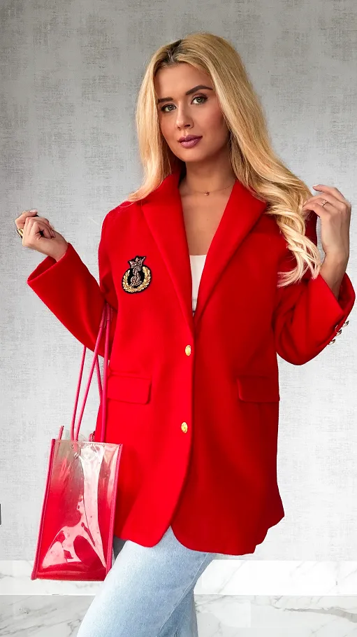 Marynarkowy ciepły płaszcz czerwony OVERSIZE - P359A