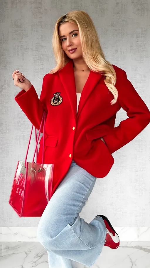 Marynarkowy ciepły płaszcz czerwony OVERSIZE - P359A