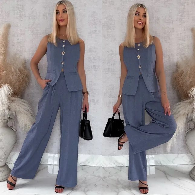 Wiosenny niebieski komplet z wiskozy kamizelka + spodnie - R867