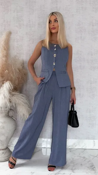 Wiosenny niebieski komplet z wiskozy kamizelka + spodnie - R867