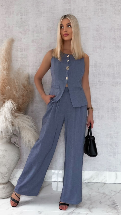 Wiosenny niebieski komplet z wiskozy kamizelka + spodnie - R867