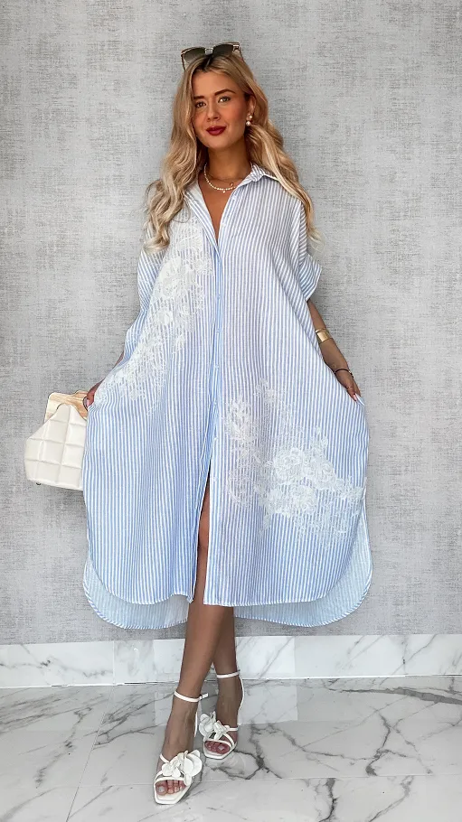 Duża lniana MAXI koszula w błękitne paski OVERSIZE - P729