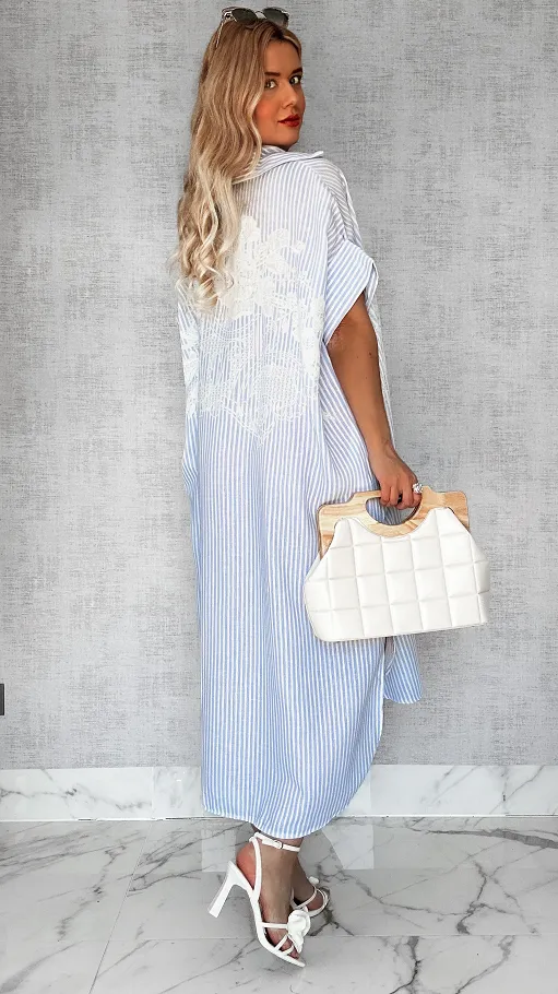 Duża lniana MAXI koszula w błękitne paski OVERSIZE - P729