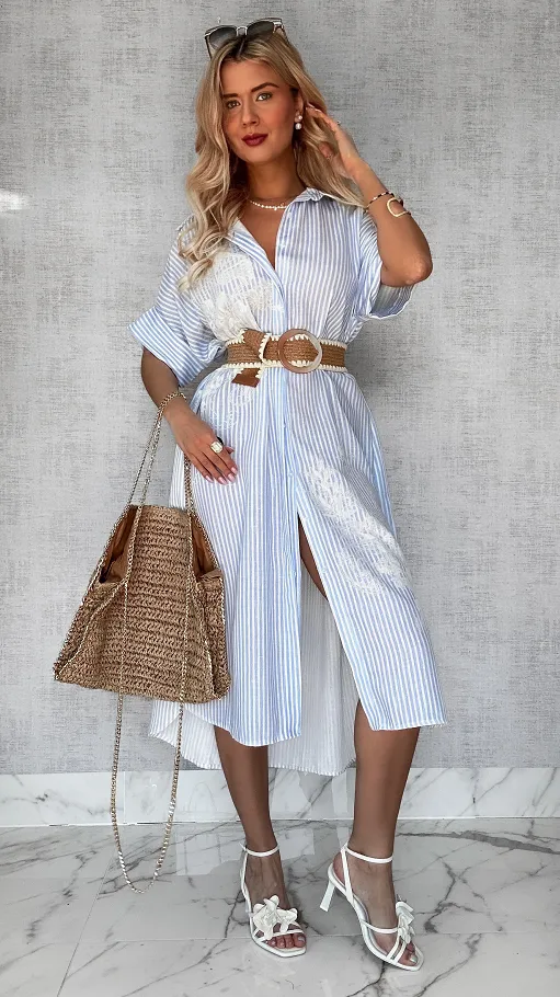 Duża lniana MAXI koszula w błękitne paski OVERSIZE - P729