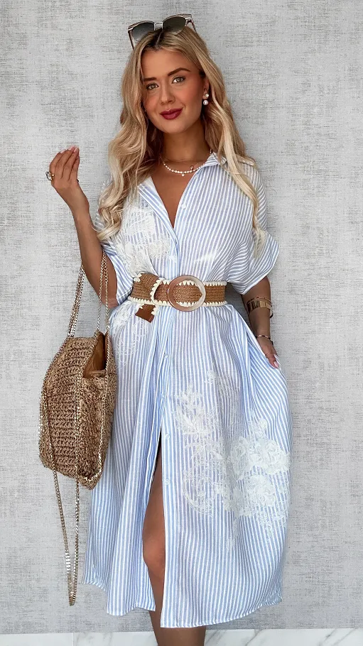 Duża lniana MAXI koszula w błękitne paski OVERSIZE - P729