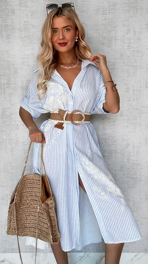 Duża lniana MAXI koszula w błękitne paski OVERSIZE - P729