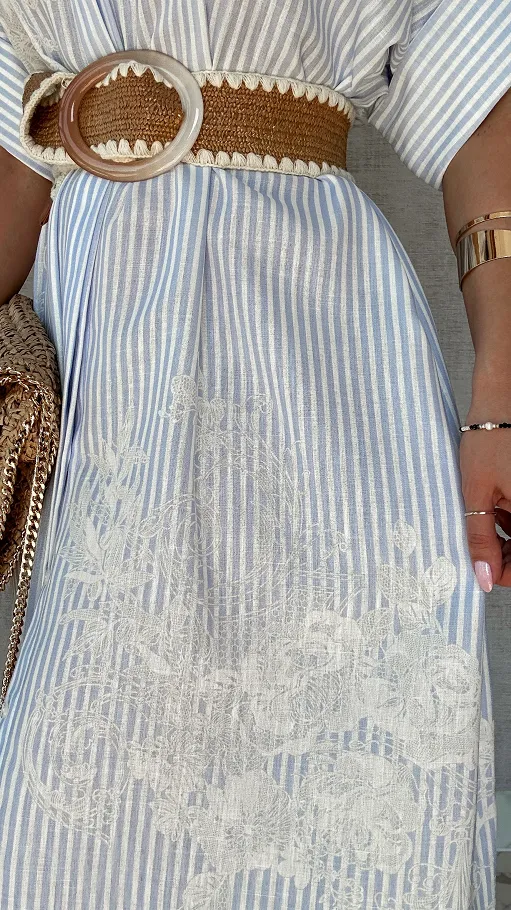 Duża lniana MAXI koszula w błękitne paski OVERSIZE - P729