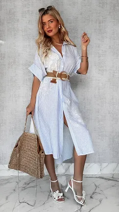 Duża lniana MAXI koszula w błękitne paski OVERSIZE - P729