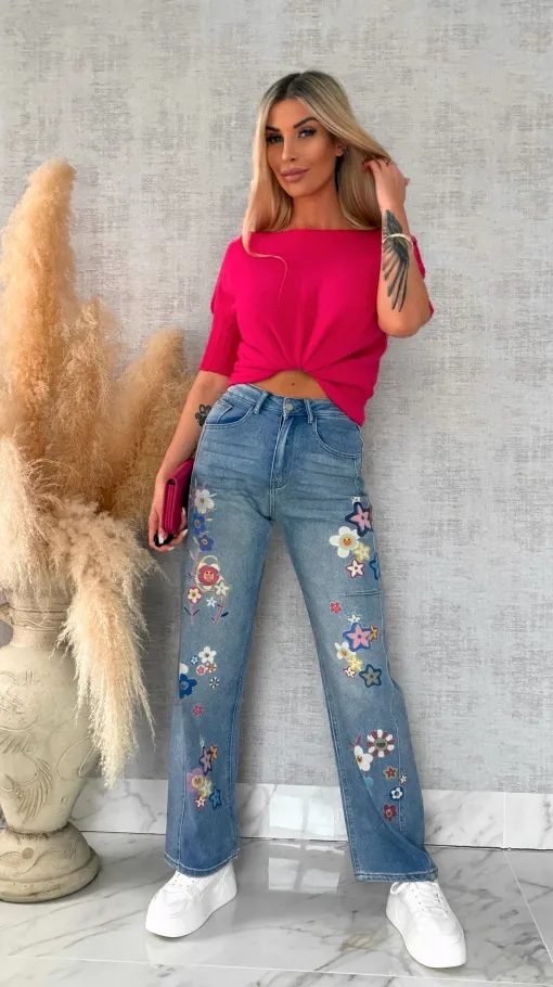 Oryginalne spodnie jeansowe BLUE JEANS z malowanymi kwiatami - R621