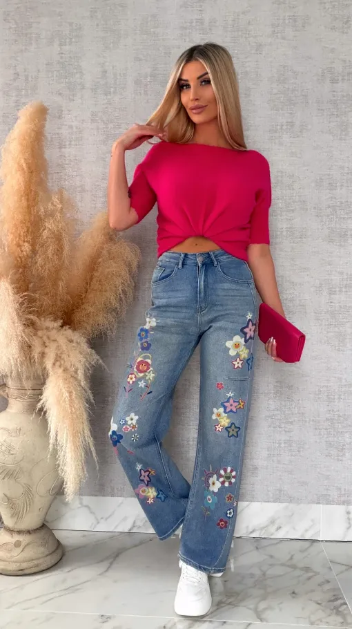 Oryginalne spodnie jeansowe BLUE JEANS z malowanymi kwiatami - R621